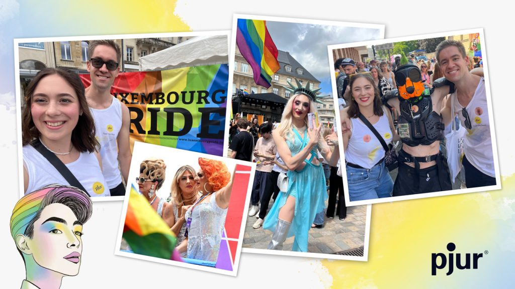 Eine Bild-Collage aus verschiedenen Impressionen von pjur auf den Pride-Paraden. Man sieht pjur Mitarbeiter und diverse Menschen der Regenbogenparaden.